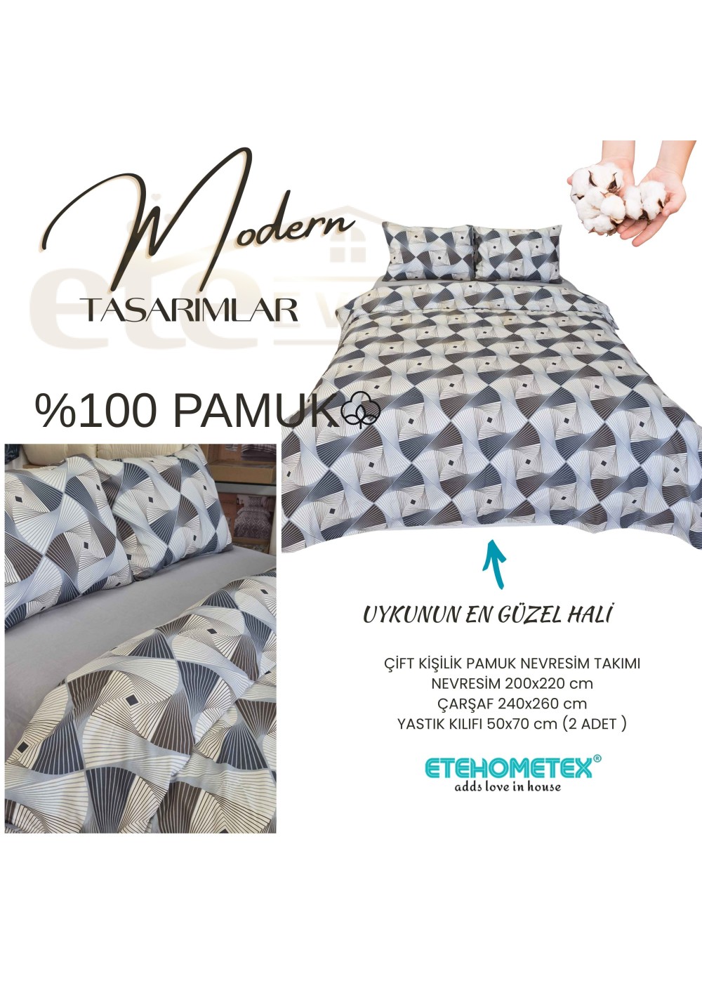 ETEHOMETEX %100 Pamuk Nevresim Takımı ÇİFT KİŞİLİK GEOMETRİK MAVİ 8696474232113